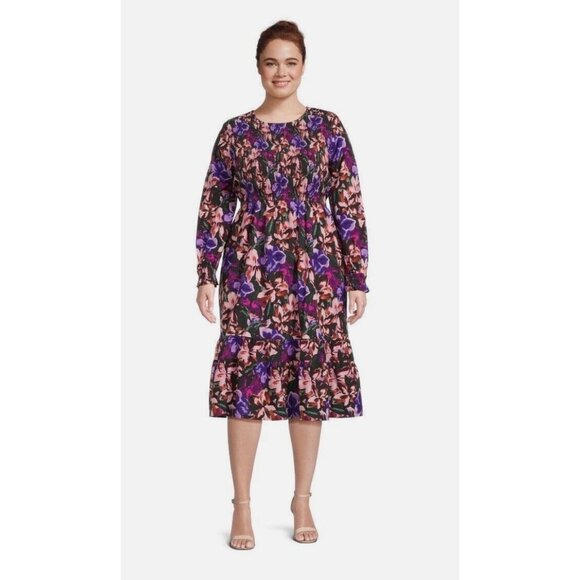 Floral Print Smocked Cotton Peasant Dress Pockets Size 2X 20W-22W New Boho Plus‎ - Picture 1 of 12